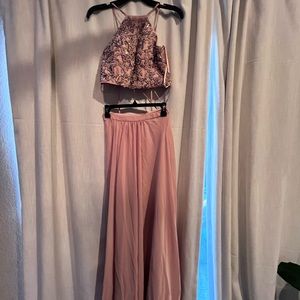 Coral pink two piece gown